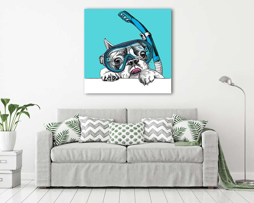 Portrait of a French Bulldog in diving mask with tube on blue ba - vászonkép, falikép vásárlás Portrait of a French Bulldog in diving mask with tube on blue ba (vászonkép) - vászonkép, falikép otthonra és irodába