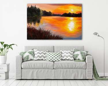 Napnyugta a tó felett (olajfestmény reprodukció) (vászonkép) - vászonkép, falikép otthonra és irodába
