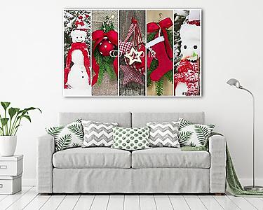 Karácsonyi kollázs vörösben, hóemberrel - vászonkép, falikép otthonra és irodába