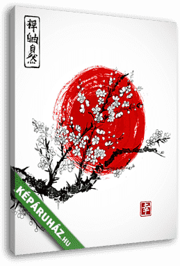 Sakura virágban és piros napben, a japán szimbólum fehér backgro - vászonkép 3D látványterv