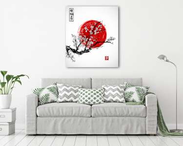 Sakura virágban és piros napben, a japán szimbólum fehér backgro (vászonkép) - vászonkép, falikép otthonra és irodába