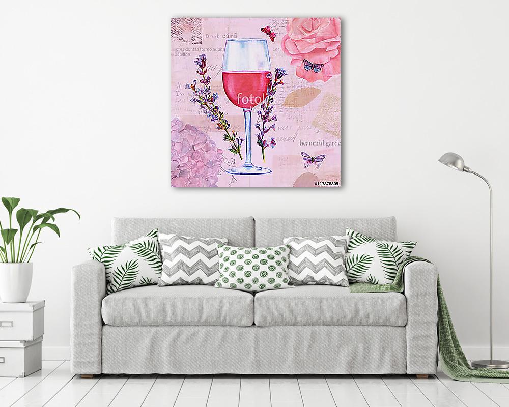 Borospohár levendulával és lepkékkel, vintage kollázs (akvarell) - vászonkép, falikép vásárlás Borospohár levendulával és lepkékkel, vintage kollázs (akvarell) (keretezett kép) - vászonkép, falikép otthonra és irodába