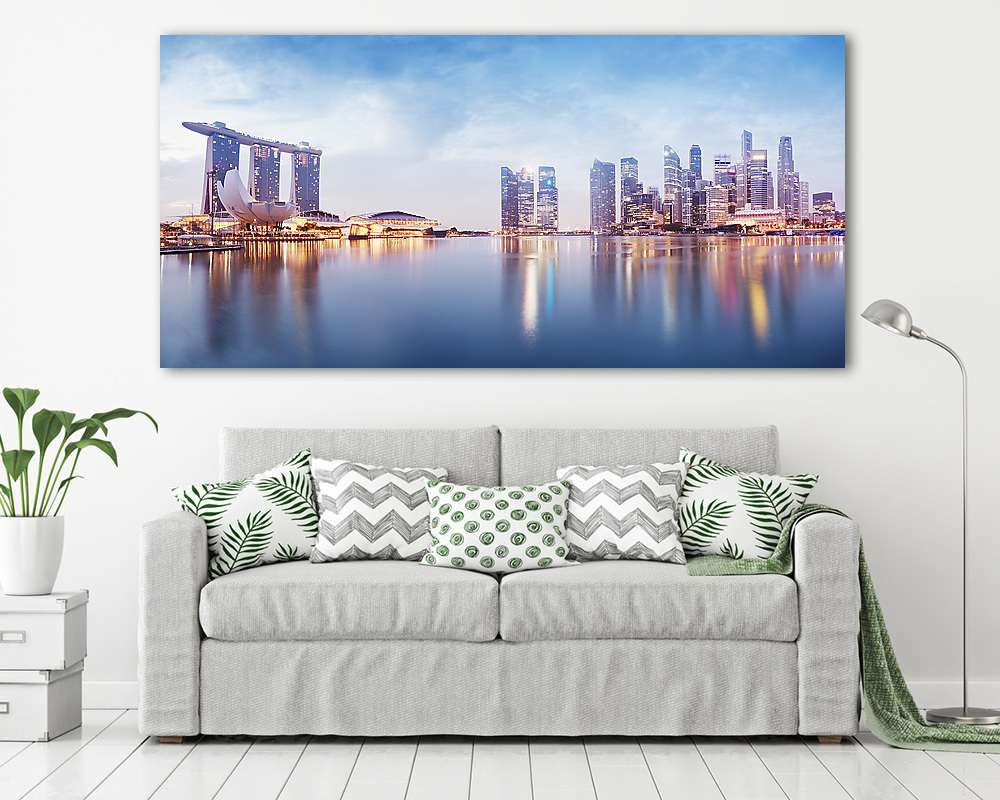 Szingapúr horizontjának panoráma képe éjszaka. (fotótapéta) - vászonkép, falikép otthonra és irodába