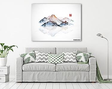 Horgászcsónak és hegyi sziget. Hagyományos keleti tinták (vászonkép) - vászonkép, falikép otthonra és irodába