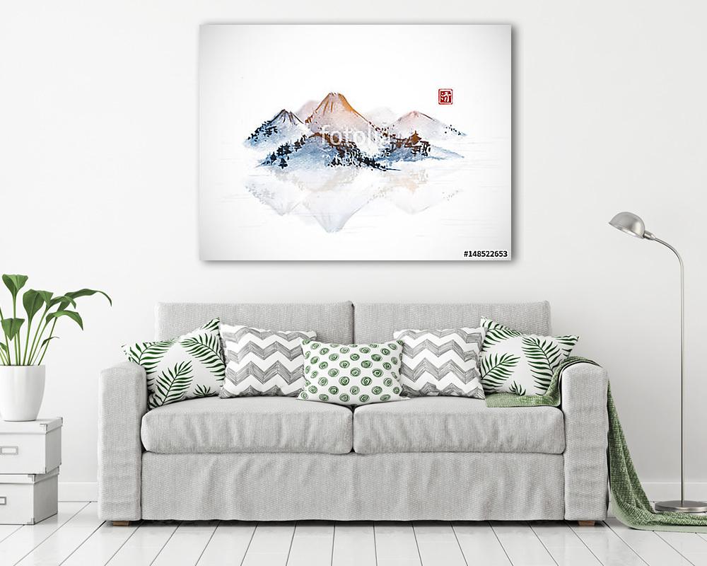 Horgászcsónak és hegyi sziget. Hagyományos keleti tinták (bögre) - vászonkép, falikép otthonra és irodába