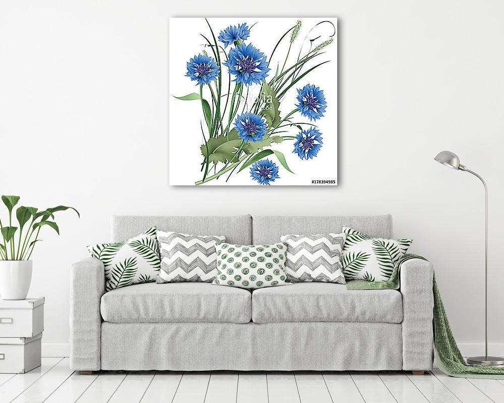 Bouquet bunch of blue cornflowers wildflowers with green leaves. - vászonkép, falikép vásárlás Bouquet bunch of blue cornflowers wildflowers with green leaves. (vászonkép) - vászonkép, falikép otthonra és irodába