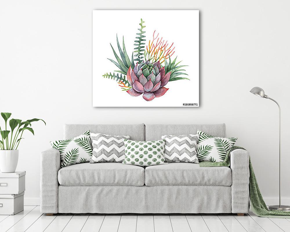 Watercolor vector bouquet of cacti and succulent plants isolated (vászonkép) - vászonkép, falikép otthonra és irodába