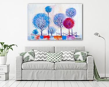 Dekoratív színes fák kerítéssel (olajfestmény reprodukció) (vászonkép) - vászonkép, falikép otthonra és irodába