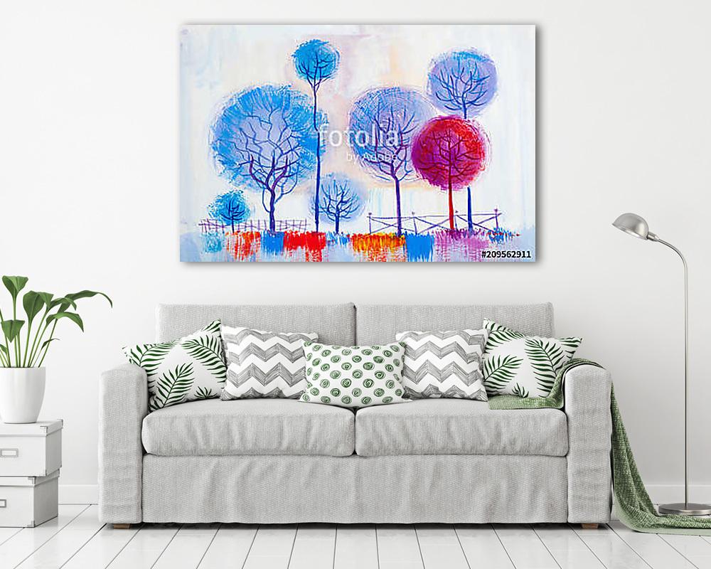 Dekoratív színes fák kerítéssel (olajfestmény reprodukció) - vászonkép, falikép vásárlás Dekoratív színes fák kerítéssel (olajfestmény reprodukció) (többrészes kép) - vászonkép, falikép otthonra és irodába