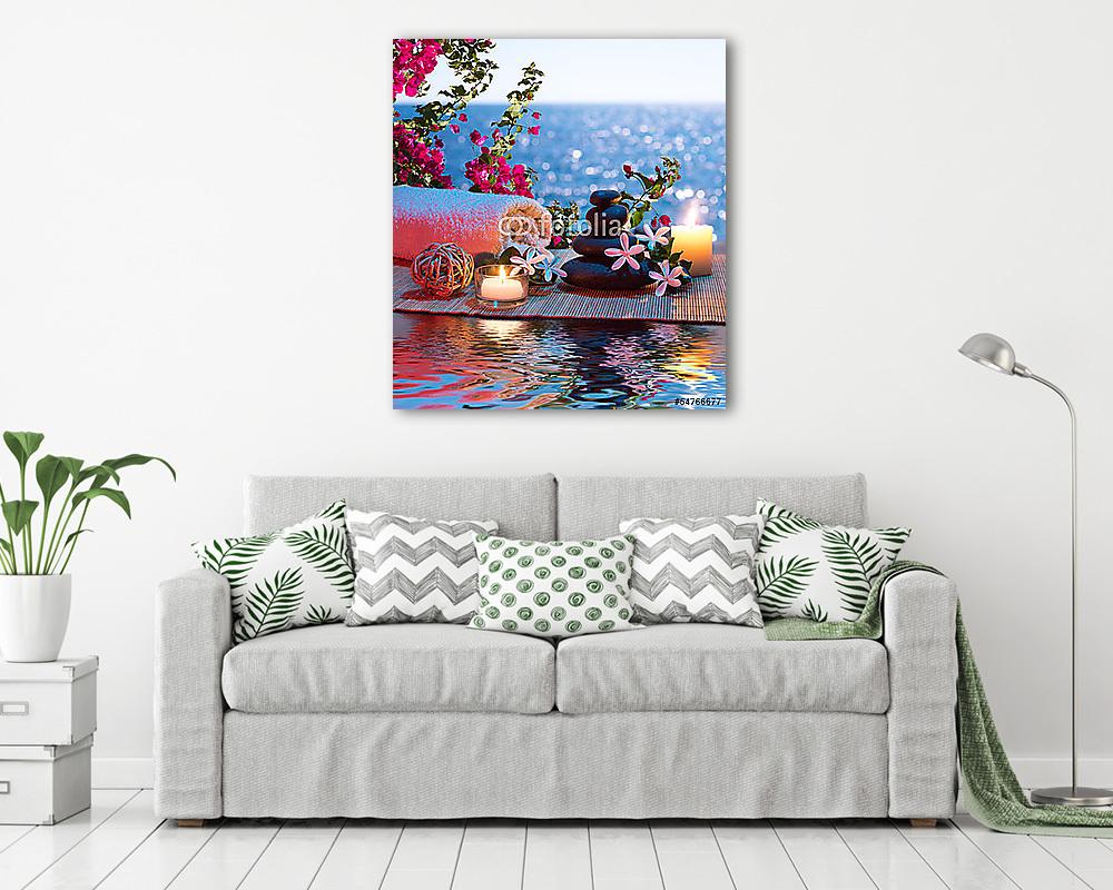 Gyertyák - fekete kövek és tiare - Bougainvillea a vízen (poszter) - vászonkép, falikép otthonra és irodába