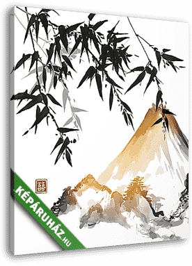 Bambusz és hegyek, kézzel húzott tintával a hagyományos japánokb - vászonkép 3D látványterv