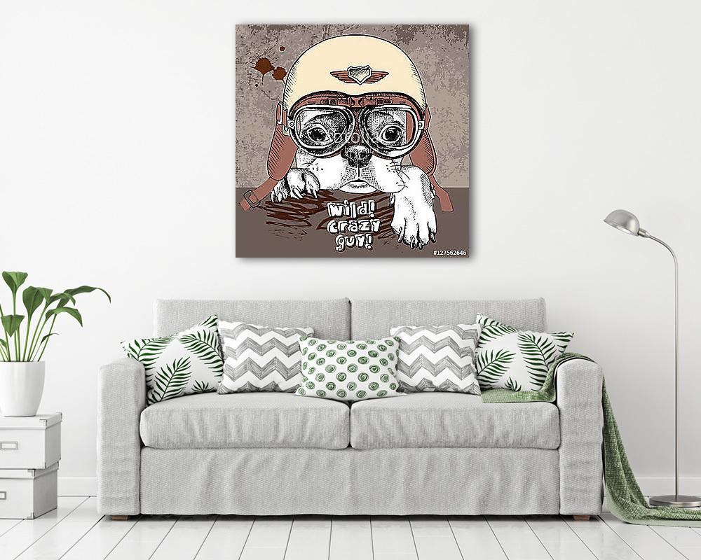 Poster with portrait of a French bulldog in retro motorcycle hel (keretezett kép) - vászonkép, falikép otthonra és irodába