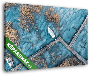 Befagyott Balaton csónakkal és nádassal - vászonkép 3D látványterv