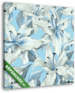 Blue pattern with lilies. Floral seamless watercolor background  - vászonkép 3D látványterv