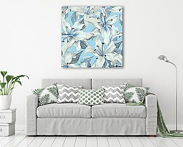 Blue pattern with lilies. Floral seamless watercolor background  (vászonkép) - vászonkép, falikép otthonra és irodába