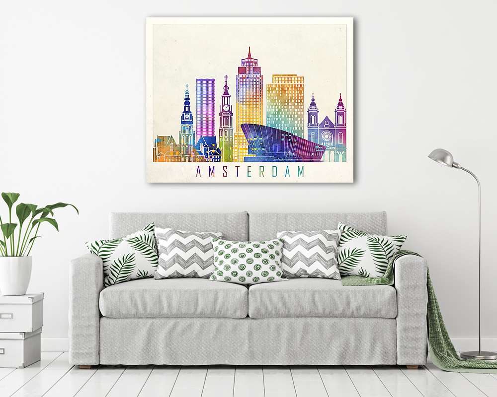 Amsterdam  landmarks watercolor poster - vászonkép, falikép vásárlás Amsterdam  landmarks watercolor poster (bögre) - vászonkép, falikép otthonra és irodába
