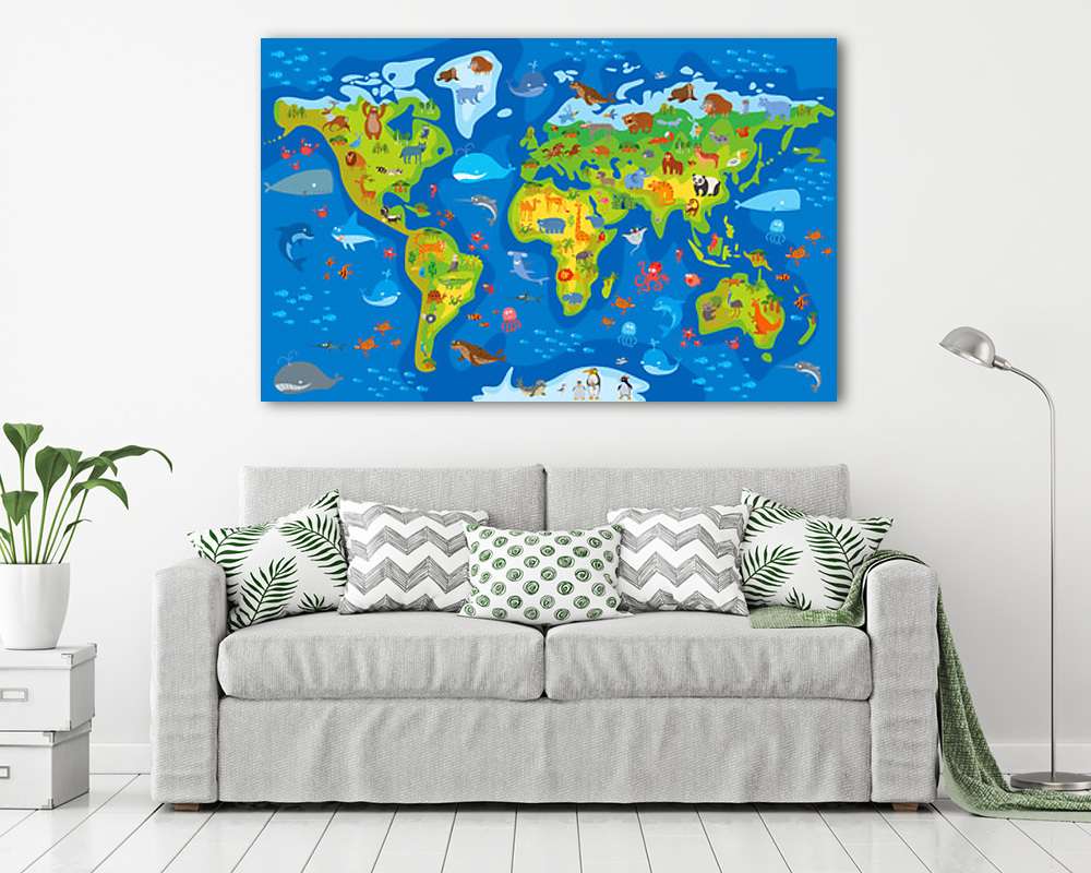 Világtérkép állatokkal, gyerekszobába - vászonkép, falikép vásárlás Világtérkép állatokkal, gyerekszobába (vászonkép) - vászonkép, falikép otthonra és irodába