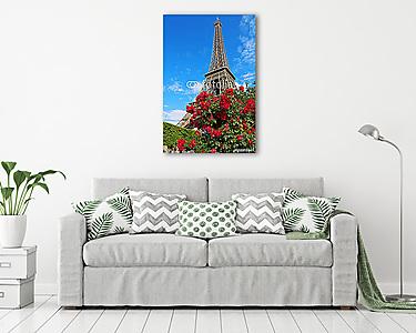 Eiffel-torony a vörös rózsa bokor mögött (vászonkép) - vászonkép, falikép otthonra és irodába