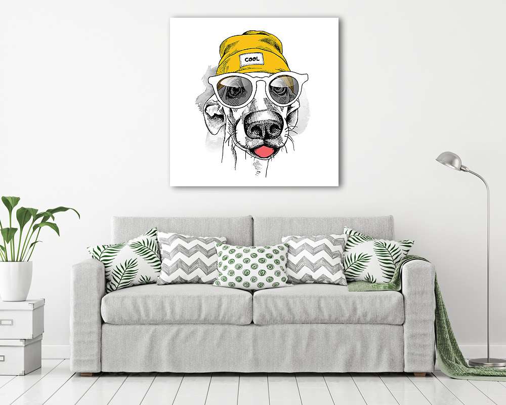 Portrait of dog in a yellow Hipster hat and with glasses. Vector (vászonkép) - vászonkép, falikép otthonra és irodába
