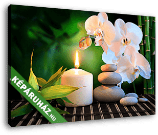 spa összetétel: fehér orchidea, gyertya és kövek zöld - vászonkép 3D látványterv