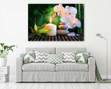 spa összetétel: fehér orchidea, gyertya és kövek zöld (vászonkép) - vászonkép, falikép otthonra és irodába