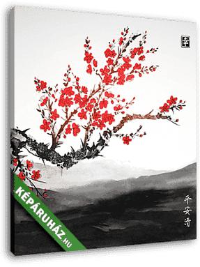 Oriental sakura cseresznyefa virágban és tájképben messze mo - vászonkép 3D látványterv