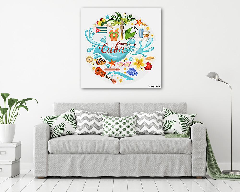 Kuba látványosság és látnivalók - utazási képeslap fogalom. Vect (poszter) - vászonkép, falikép otthonra és irodába