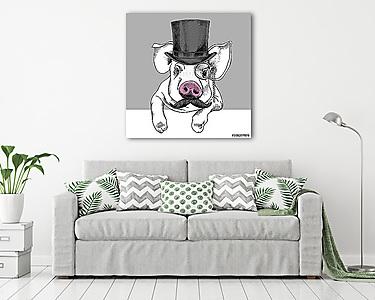 Pig portrait in a hat bowler and with monocle. Vector illustrati (vászonkép) - vászonkép, falikép otthonra és irodába