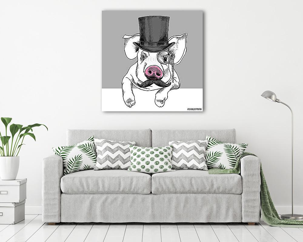 Pig portrait in a hat bowler and with monocle. Vector illustrati (keretezett kép) - vászonkép, falikép otthonra és irodába