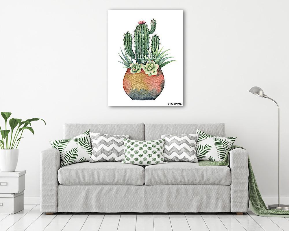 Watercolor composition of cacti and succulents in a pot isolated (poszter) - vászonkép, falikép otthonra és irodába