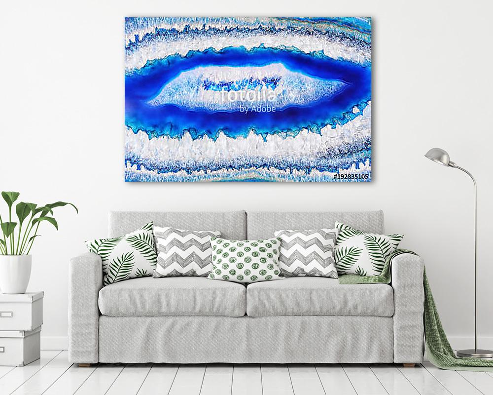 Amazing white blue Agate Crystal cross section. Natural translucent agate crystal surface, Blue abstract structure slice mineral (poszter) - vászonkép, falikép otthonra és irodába