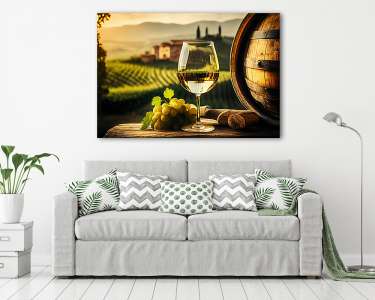 Egy pohár bor, szőlő és hordó 2. (vászonkép) - vászonkép, falikép otthonra és irodába