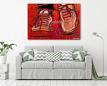 Kosárlabda cipő egy grunge város háttérén (vászonkép) - vászonkép, falikép otthonra és irodába