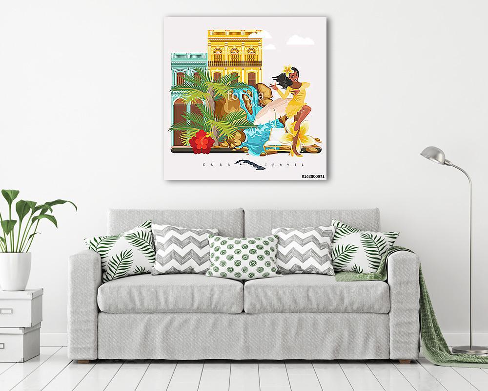 Kuba látványosság és látnivalók - utazási képeslap fogalom. Vect (vászonkép) - vászonkép, falikép otthonra és irodába