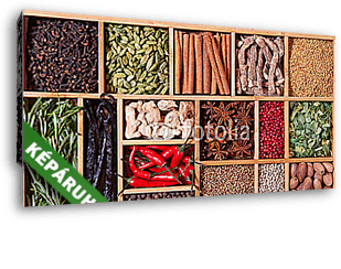 fűszerek és gyógynövények fadobozban - vászonkép 3D látványterv