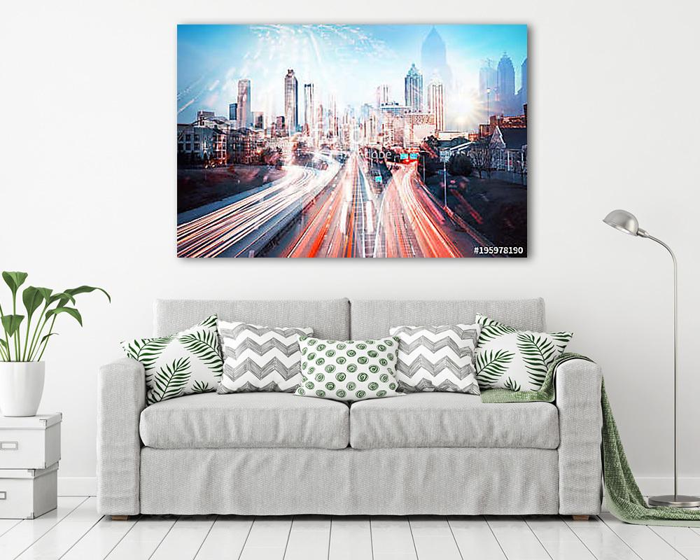 Double exposure of night traffic in modern city (többrészes kép) - vászonkép, falikép otthonra és irodába
