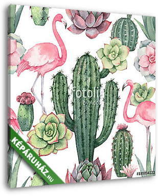 Watercolor vector seamless pattern of pink flamingo, cacti and s - vászonkép 3D látványterv