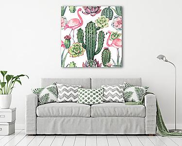 Watercolor vector seamless pattern of pink flamingo, cacti and s (vászonkép) - vászonkép, falikép otthonra és irodába