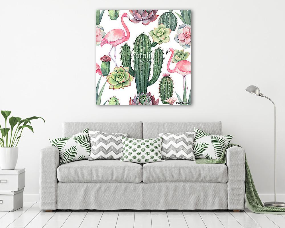 Watercolor vector seamless pattern of pink flamingo, cacti and s - vászonkép, falikép vásárlás Watercolor vector seamless pattern of pink flamingo, cacti and s (vászonkép) - vászonkép, falikép otthonra és irodába