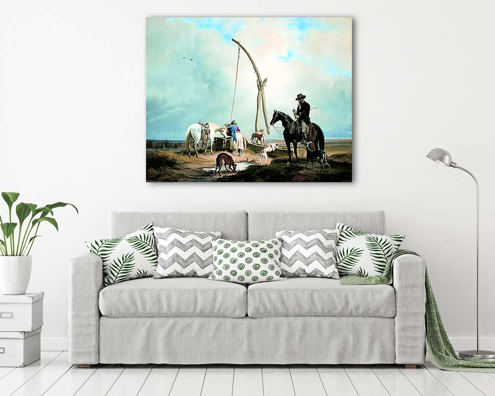 Pihenő a gémeskútnál a pusztán (bögre) - vászonkép, falikép otthonra és irodába