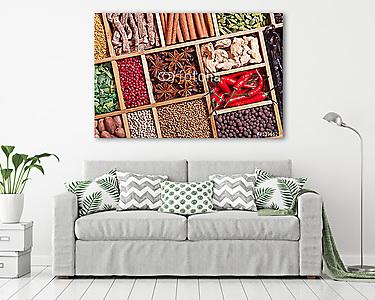 fűszerek és gyógynövények fa dobozban (vászonkép) - vászonkép, falikép otthonra és irodába