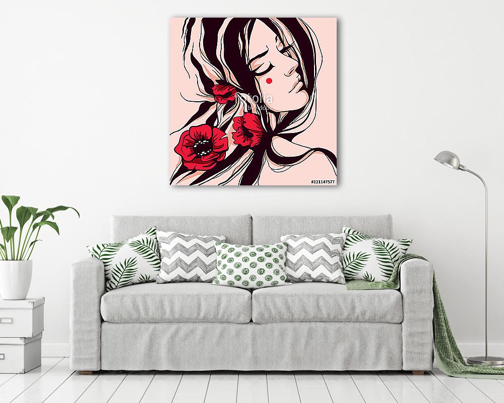 grafikus romantikus lány profilban, csupasz vállával és a ha-val (vászonkép) - vászonkép, falikép otthonra és irodába