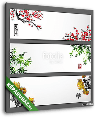 Három, virágzó sakura, bambusz és krizantém bannerek.  - vászonkép 3D látványterv