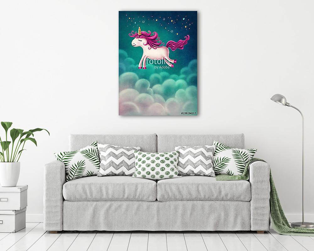 Aranyos kis egyszarvú - pink sörénnyel (többrészes kép) - vászonkép, falikép otthonra és irodába