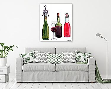 Boros palackok, pohárral fehér háttéren (akvarell) (vászonkép) - vászonkép, falikép otthonra és irodába