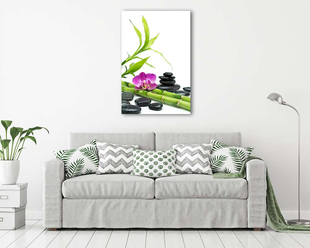 Lila orchidea, bambusz és kőtorony - vászonkép, falikép vásárlás Lila orchidea, bambusz és kőtorony (vászonkép) - vászonkép, falikép otthonra és irodába