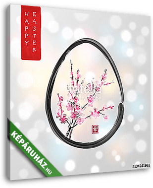 Húsvéti kártya tojással és sakurával virágban kézzel húzott trad - vászonkép 3D látványterv