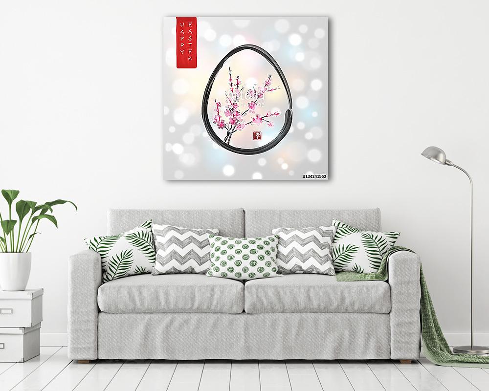 Húsvéti kártya tojással és sakurával virágban kézzel húzott trad (vászonkép) - vászonkép, falikép otthonra és irodába