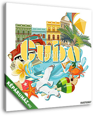 Kuba látványosság és látnivalók - utazási képeslap fogalom. Vect - vászonkép 3D látványterv