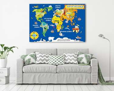 Egyszerű világtérkép gyerekeknek (vászonkép) - vászonkép, falikép otthonra és irodába